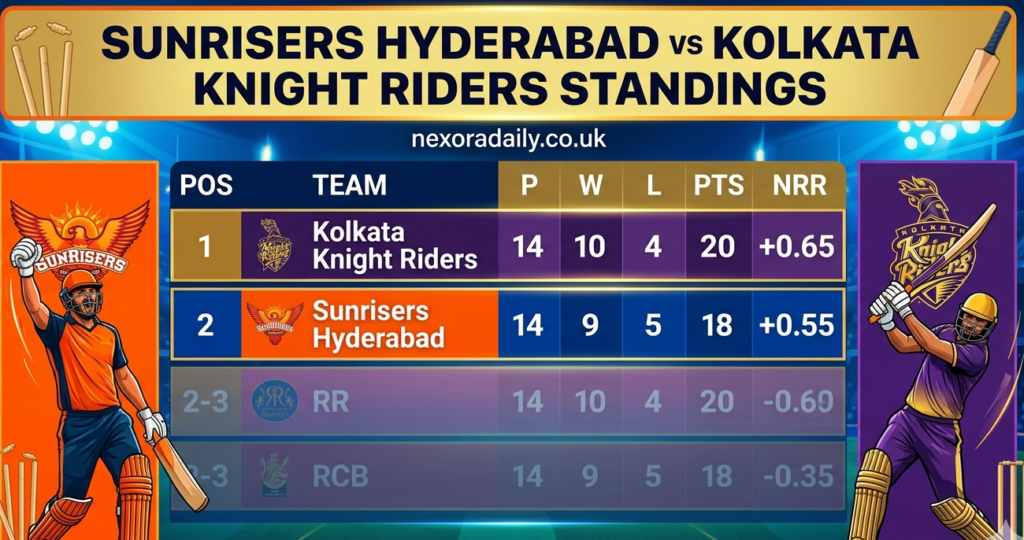 sunrisers hyderabad vs kolkata knight riders standings